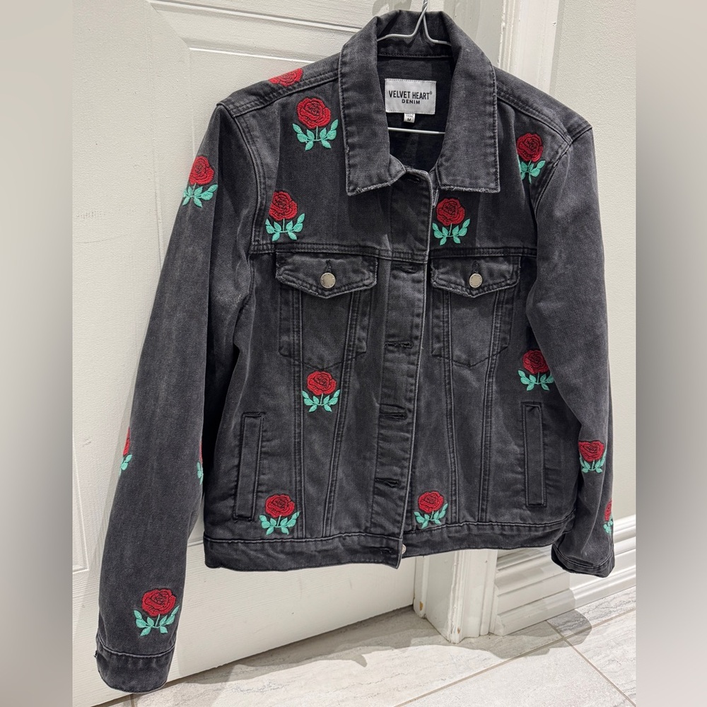 Velvet Heart Charcoal Denim Jacket with Red Floral Embroidery